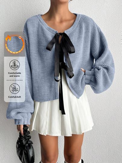 Women's Drop Shoulder Long Sleeve Bowknot Ribbon Cable Knit Cardigan,Petite Cardigans,Cardigans