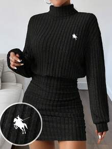 Girlism Váy ngắn tay dài cổ cao dáng rộng, dáng ôm, họa tiết dệt kim màu đen cho bé gái tuổi teen, phong cách cổ điển thanh lịch, đơn giản, đa năng - màu đen - Xem 6