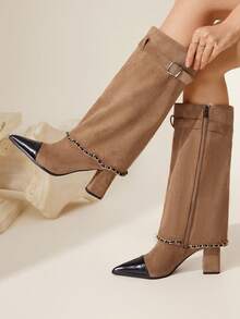 CUCCOO CHICEST Women's Autumn/Winter New Arrival Chain Belt Buckle Pointed Toe Color Block Square Chunky Heel Mid-Heel Elegant Sweet Romantic Fashion Comfortable Retro Black Contrast Camel Faux Leather Suede Shark Boots, Suitable For Afternoon Tea, Date, Fashion Party, Workplace, Elegant, Streetwear, Basic Versatile Wear, Christmas, Thanksgiving, New Year, Spring Festival - Khaki - View 4