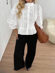 Easowa 拼接立领纽扣荷叶边灯笼袖休闲度假优雅女式衬衫，适合度假、西式服装、乡村音乐会、娃娃衫、可爱夏季上衣、音乐会、全白派对等场合。 - 白色 - 查看 3