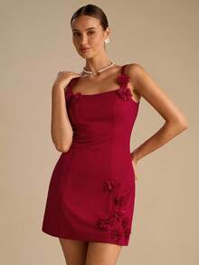 Enchnt Fall/Winter Romantic Women's Red 3D Floral Decor Square Collar Fitted Camisole Mini Dress,Chic&Elegant For Date&Wedding Guest&Prom&Party&Going Out&Halloween&Christmas,Autumn Dresses For Women,Fall Clothes For Women,Autumn Outfits For Women - Red - View 8