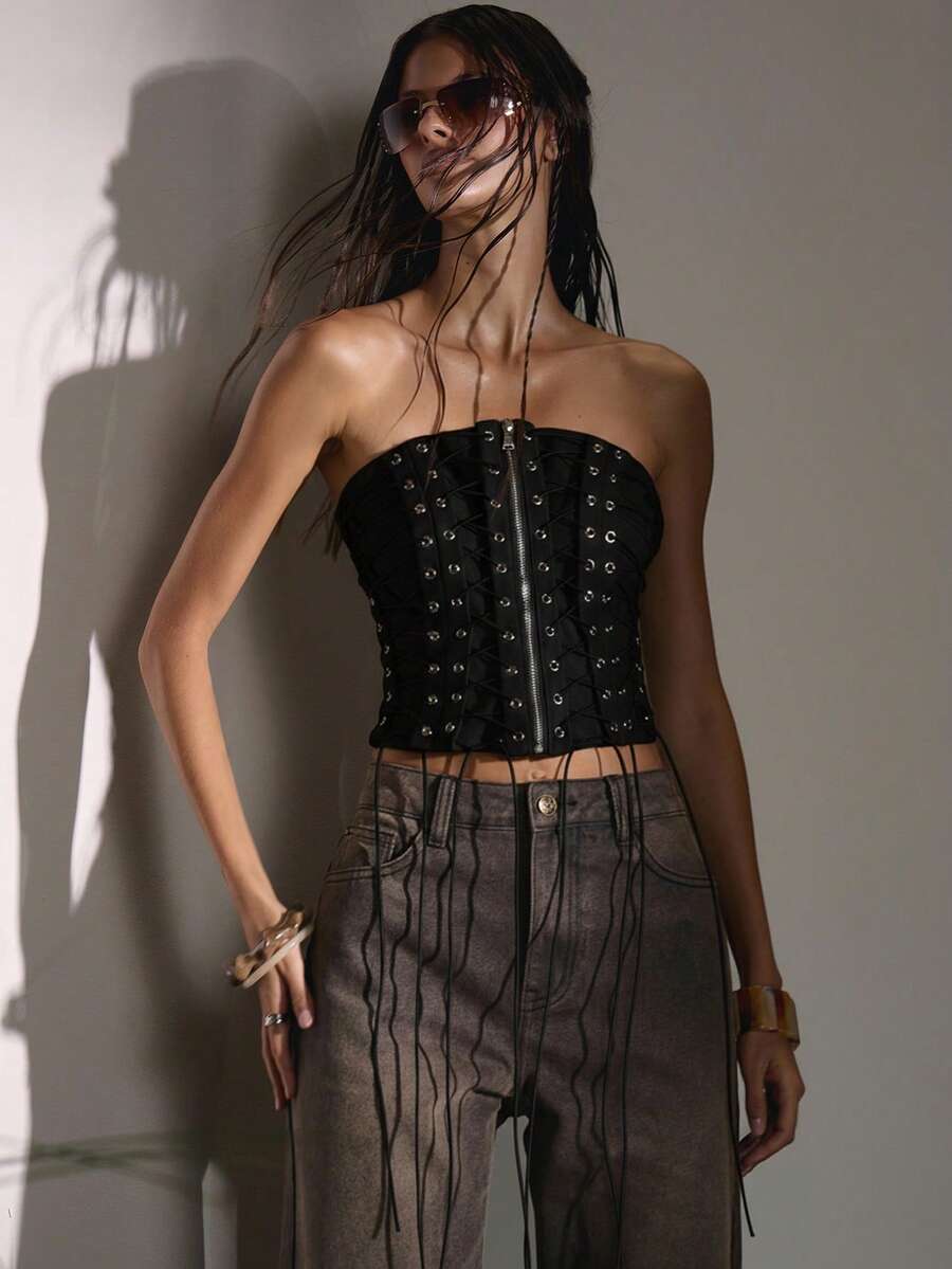 MUSERA PU拉链前系带修身束身胸衣上衣，秋季可爱乡村西部风夜间外出性感同步假日派对舒适春夏节日 - 黑色 - 查看 1