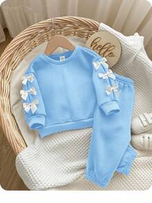 2pcs Baby Girl Cute Blue Bow Long Sleeve Sweatshirt & Elastic Waist Pants Set, Autumn/Winter - Blue - View 3
