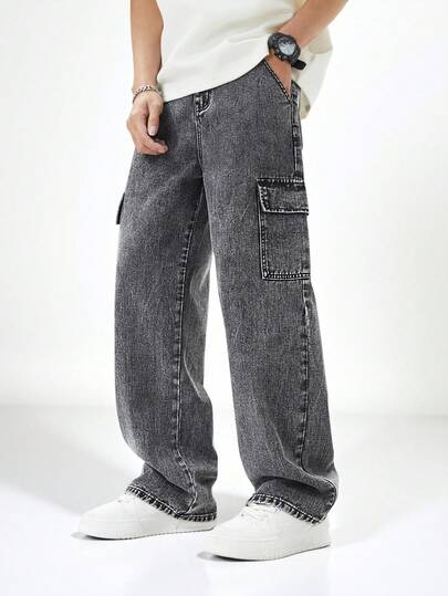 SHEIN Mirajuku Teen Boys' Solid Color Multiple Pockets Outdoor Casual Cargo Jeans Summer Holiday