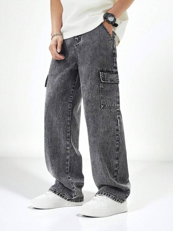 SHEIN Jeans cargo casual da ragazzo adolescente con colore solido e tasche multiple, adatti per uso all'aperto