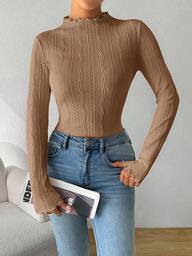 SHEIN Essnce قميص نسائي بأكمام طويلة وياقة عالية، بتصميم ضيق وتفاصيل حافة خس، مناسب للربيع والصيف والخريف