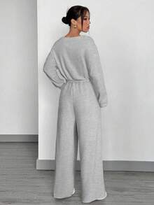 SHEIN EZwear 2件套女士斜肩上衣和裤子套装 - 灰色 - 查看 2