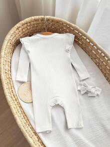 SHEIN Newborn Baby Girl Solid Color Long Sleeve Jumpsuit With Ruffle Trim And Footed Pants Cute Baby Pajamas - White - View 10