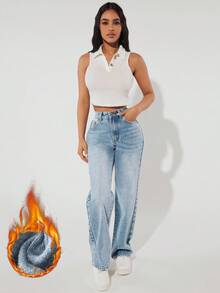 SHEIN PETITE 女士休闲水洗高腰直筒牛仔裤 - 藍色 - 查看 5