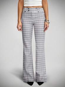 Avenya Black And White Checkered Slim Flared Pants For Women,Low-Waist Plaid Trousers,Autumn Business Casual Work Office Wear,Y2K Vintage Old Money Style - Grey - View 3