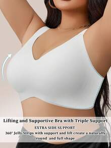 Sujetador sin costuras con rayas de gelatina de apoyo suave y sin aros para mujer de talla grande, pieza única - Blanco - Ver 4