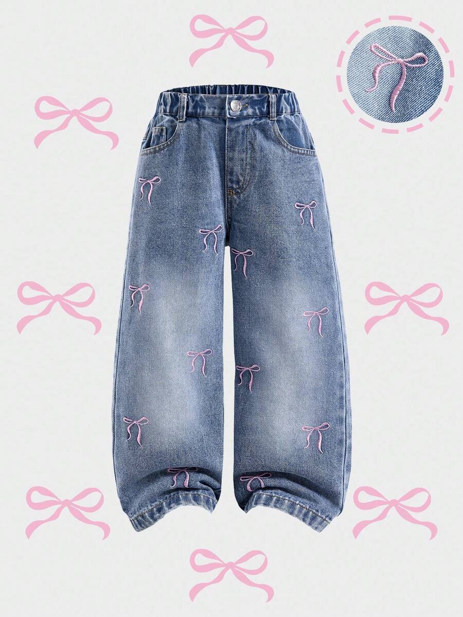 Mädchen Relaxed Fit Gerade Bein Jeans mit süßer rosa Schleife Stickerei, 5-Taschen Allround Design, Lässig, Komfortabel, Modisch für Frühling/Herbst - Mittele Waschung - Übersicht 1
