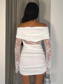 Glamine 女士优雅白色露肩连衣裙，蕾丝薄纱长袖+褶皱修身派对连衣裙 - 白色 - 查看 2