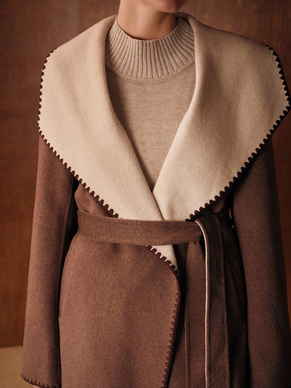 WOOL COLORBLOCK WATERFALL COLLAR OVERCOAT
