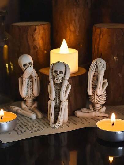 3Pcs Skeletons Decor Sculpture -Halloween Room Decor Scary Home And Wall Decoration, Suitable For Halloween, With "Don't Listen, Don't Look, Don't Talk" Pattern Horror Themed Escape Room Scene Decoration Posing Skull Realistic Human Skeleton Decoration Best Gifts