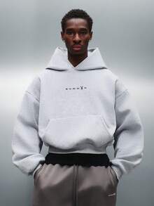 PLAYBOY X SUMWON 短款兔子标志连帽衫街头经典套头运动衫时尚图形印花都市冬季秋季必备家居服个性单品 - 灰色 - 查看 2