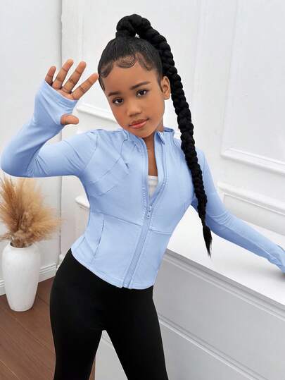 SHEIN Tween Girls' Zip-Up Lightweight Workout Jacket, Slim Fit Sports Coat For Running, Gym, Yoga Autumn Winter Clothes Girlomen