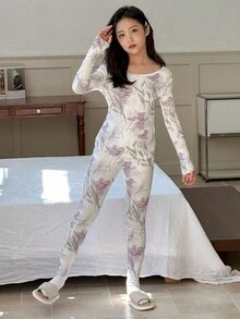 DAZY Tween Girls Ditsy Floral Round Neck Long Sleeve Top And Pants Pajama Set, Fall - Multicolor - View 1