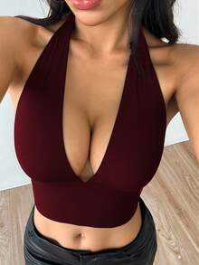 SHEIN EZwear Áo hai dây cổ yếm bó sát hở lưng gợi cảm dành cho nữ, đa năng, chất liệu PU - Màu Đỏ Sâu - Xem 6