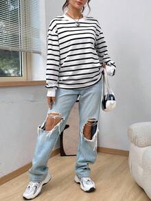 SHEIN EZwear Spring White Striped Print Drop Shoulder Sweatshirt Hoodie Graduation,Back To School Outfits,Graduation,Teacher Outfits For Women,Back To School In Fall/Winter - Black and White - View 5