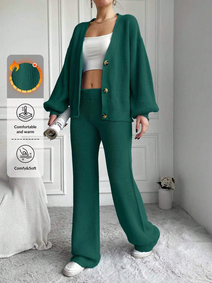 EURMUSE Set di cardigan lavorato a maglia con maniche a lanterna e abbottonatura singola e pantaloni lunghi lavorati a maglia in tinta unita per donna - Verde Scuro - Visualizzare 1