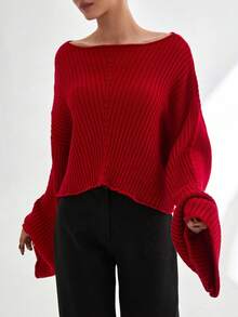 EURMUSE Woman Solid Color Boat Neck Rib Knit Long Sleeve Sweater,Jumper,Cream Jumper,Jumpers For Women,Jumpers,Black Jumper,Womens Jumper,White Jumper,Women's Jumper,Women's Jumpers,Winter Clothes - Red - View 7