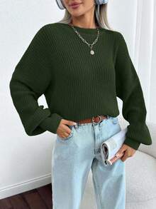 EURMUSE Women Solid Color Round Neck Drop Shoulder Chunky Pullover - Army Green - View 5