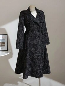 Reflora Plus Size Elegant Vintage Black 3D Rose Jacquard Waist Flare Dress Coat, 1950s Princess Style Waist Coat, Casual Chic Commuter Black Coat, Autumn Coat, Trench Coat, Black Trench Coat, Princess Coat, Fall Coat, Rose Coat, Floral Coat, Women's Winter Coat, Halloween Clothes For Women,  Fall Clothes For Women, Autumn Outfits For Women,Halloween Costumes, Halloween Costume, Halloween Clothes