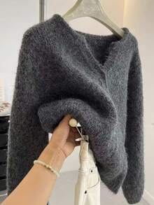 SHEIN French Vintage Oversized Knitted Cardigan Fall Winter Cloth For Women - Grey - View 1