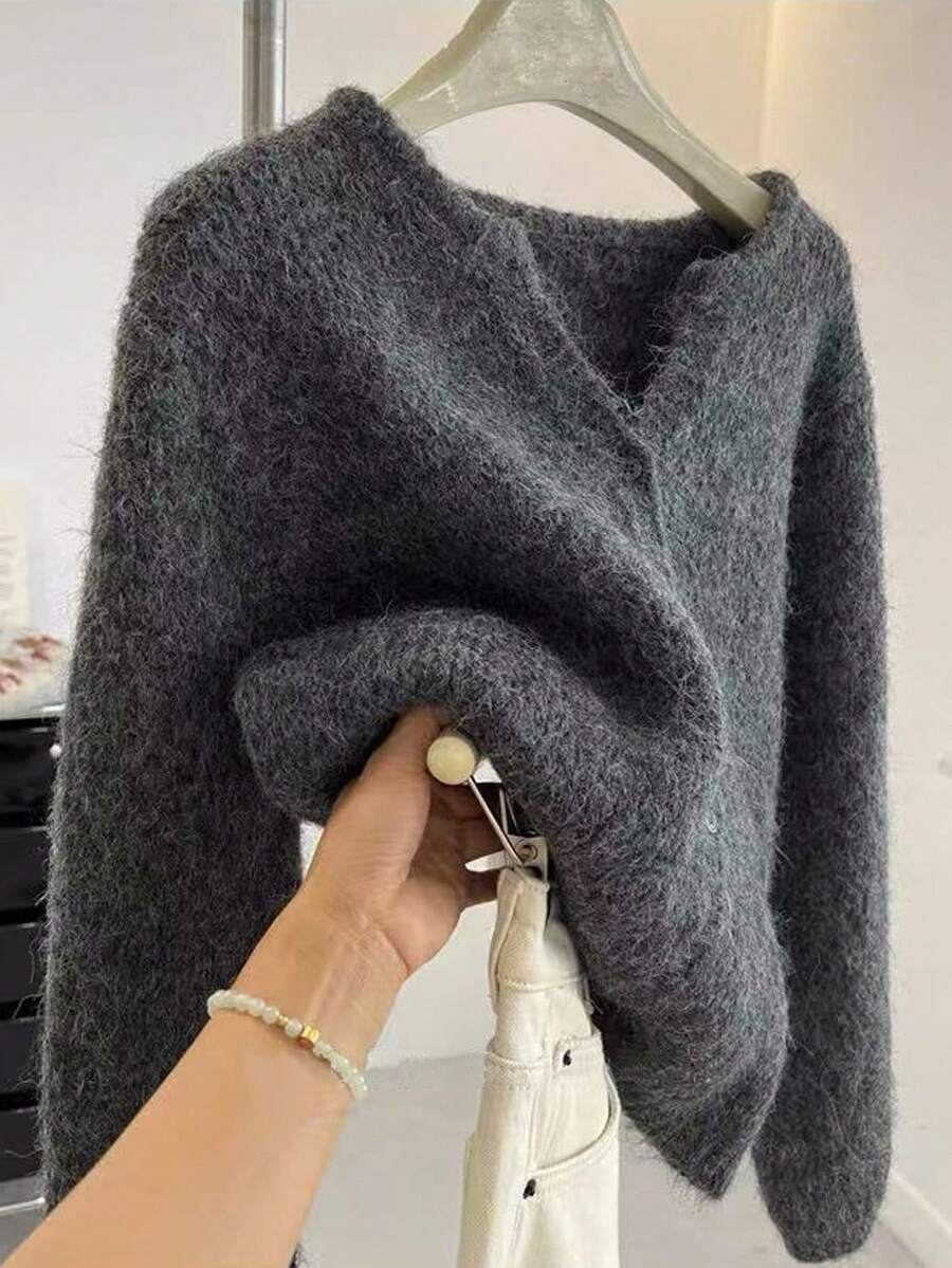 SHEIN French Vintage Oversized Knitted Cardigan Fall Winter Cloth For Women - Grey - View 1