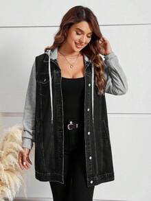 EMERY ROSE Mature Denim Áo khoác denim tay dài cài nút phía trước họa tiết khối màu dành cho nữ và áo khoác - màu đen - Xem 4