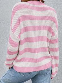 SoleilVie 女士休闲通勤双色条纹落肩宽松套头衫 - 彩色 - 查看 2