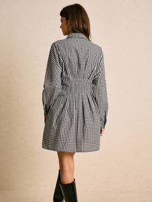 Poéselle 女式休闲水洗格子束腰前扣连衣裙，秋季 - 軍綠色 - 查看 7