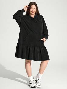 Enliva Plus Size Women's Loose Hooded Dress, Long Sleeve Dress With Pockets/Autumn /Winter