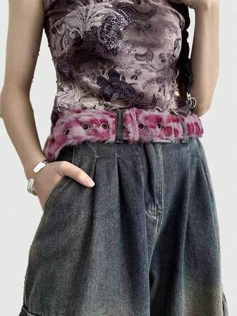 Grunge Punk 1 Punk Pink Leopard Print Belt, Retro Y2K Fashion Furry Square Buckle Leather Belt, Personalized Fashional Decorative Belt