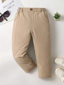 Souflis Souflis Young Boy's Casual Solid Color Pants With Single Button Decor And Angled Pockets, Elastic Waist Design, Versatile For Daily Wear, Travel, Party, Holiday, School, Campus, College - Khaki - View 3