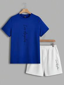 Manfinity Homme 手写字体休闲印花男士标准尺码海军蓝短袖T恤和白色短裤套装 - 藍白色 - 查看 2