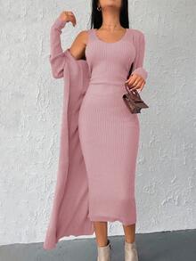 EURMUSE 2pcs Solid Color Cardigan Knit Dress Set, Casual & Commuting, Autumn/Winter - Baby Pink - View 6