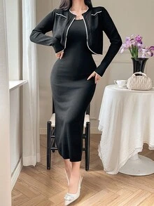 DAZY 女士优雅两件套：长袖开衫和无袖修身针织连衣裙，秋冬 - 黑色 - 查看 2