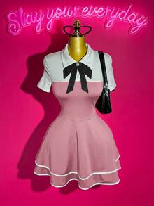 Slaydiva 2025 New Style Early Autumn And Summer Casual Street Hottie Style Sweet Girl Style Elegant Daily Date Birthday Party POLO Collar Bow Tie White Splicing Black 2 In 1 Design Multi-Layer Cake Skirt Ruffle Hem A-Style Skirt Mini Skirt Knitted Ladies Mini Dress-A