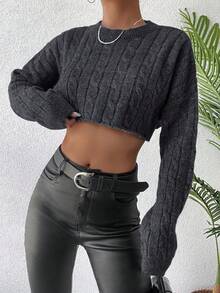EURMUSE Cable Knit Drop Shoulder Crop Sweater - Dark Grey - View 4