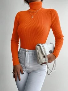 RueChic Solid Turtleneck Ribbed Knit Sweater - Orange - View 6