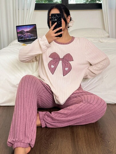 Dream Adore Plus Size Sleepwear Set, Ribbed Knit Fleece Fabric, Butterfly Embroidery, Long Sleeve Top And Pants Cute Lounge Set, Cozy Outfit, Winter Clothes