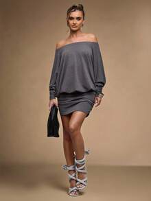 SHEIN BAE Vestido mini de mujer de unicolor con hombros descubiertos, mangas tipo murciélago y fruncido de moda