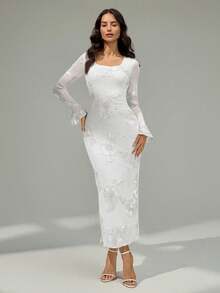 Modelyn Váy dài vừa phải co giãn vải jacquard thanh lịch thời trang dành cho nữ - trắng - Xem 4