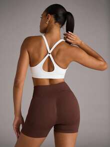 SHEIN BAE Women's Solid Color Hollow Simple Fitted Casual Sports Bra - White - View 2