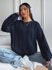 Flirla Loose Fit Women's Round Neck Drop Shoulder Long Sleeve Cable Knit Sweater, Autumn/Winter - Blue - View 6