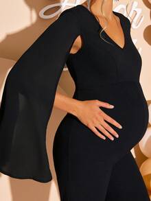 Loomaby 孕妇纯色V领披肩袖阔腿优雅连体裤 - 黑色 - 查看 5