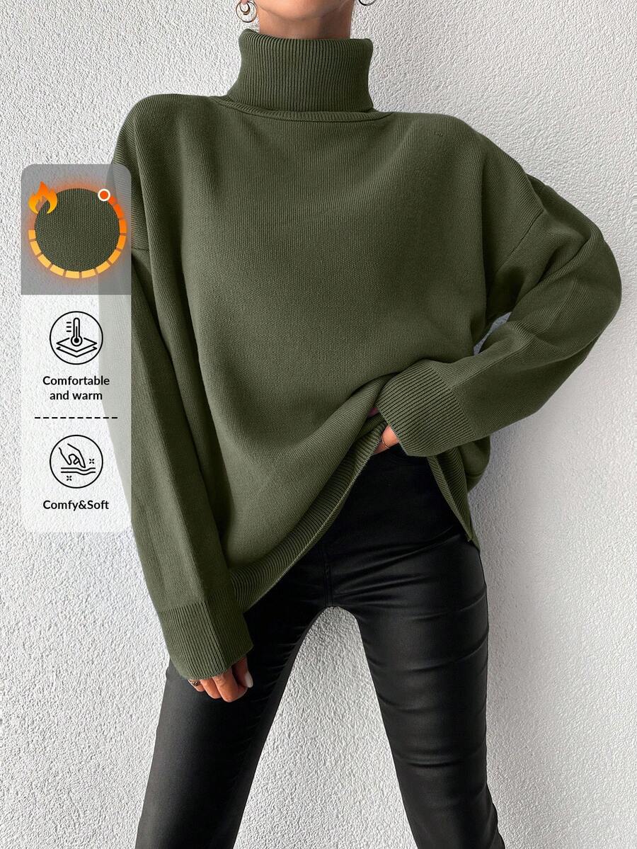 EURMUSE Women's Solid High Neck Casual Pullover Sweater - Olive Green - View 1