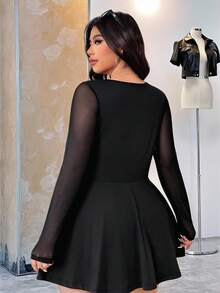 SHEIN EZwear 大码纯色网眼拼布连体衣 - 黑色 - 查看 2